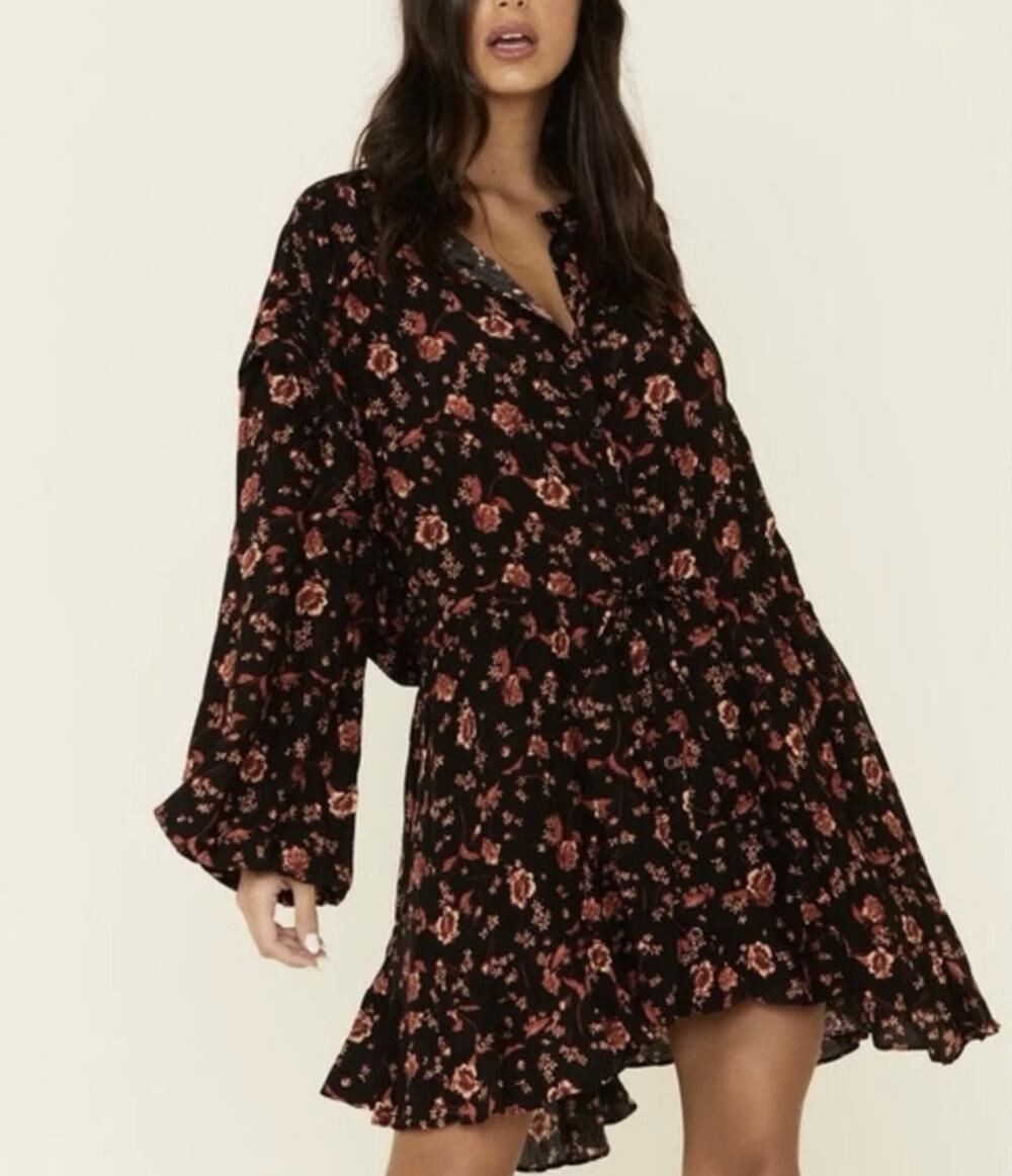 Free People Flower Fields Mini Dress Black Orange Red Small Boho Cottage Beachy